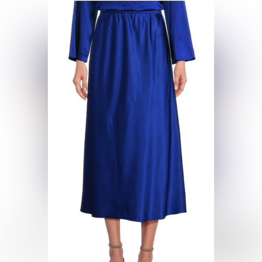 Eileen Fisher Stretch Silk Charmeuse Bias Skirt Sz L Lapis Blue Full Length